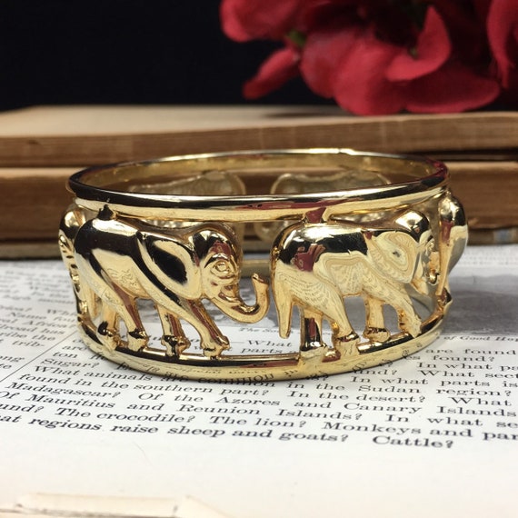 Vintage Gold Tone Cut-Out Elephant Cuff Bracelet - image 4