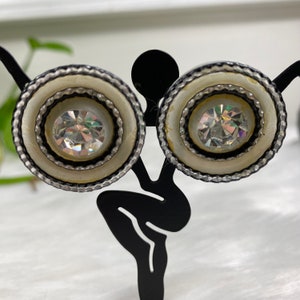 Vintage Silver Tone w/ Center Rhinestone Cabochon Clip-on Earrings