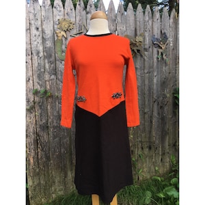 Vintage 70s Orange & Brown Dress, 10. Free Shipping