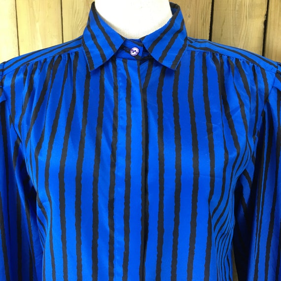 Vintage 90s Josephine Blue & Black Striped Polyes… - image 2