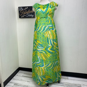 Vintage Green, Yellow & Blue Swirl Prom Dress Ruffle