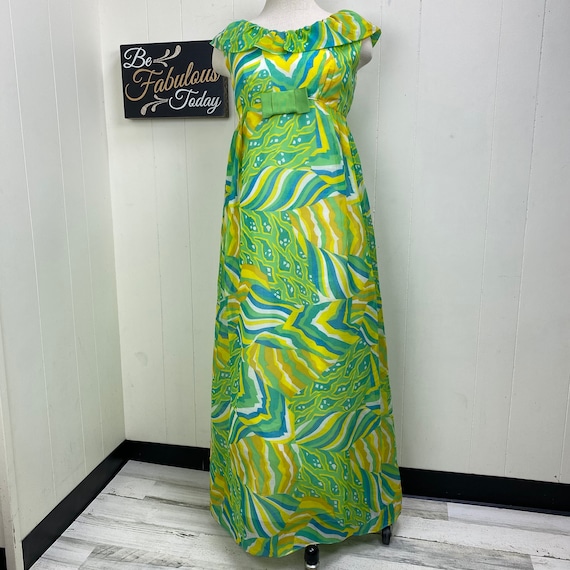 Vintage Green, Yellow & Blue Swirl Prom Dress Ruf… - image 1