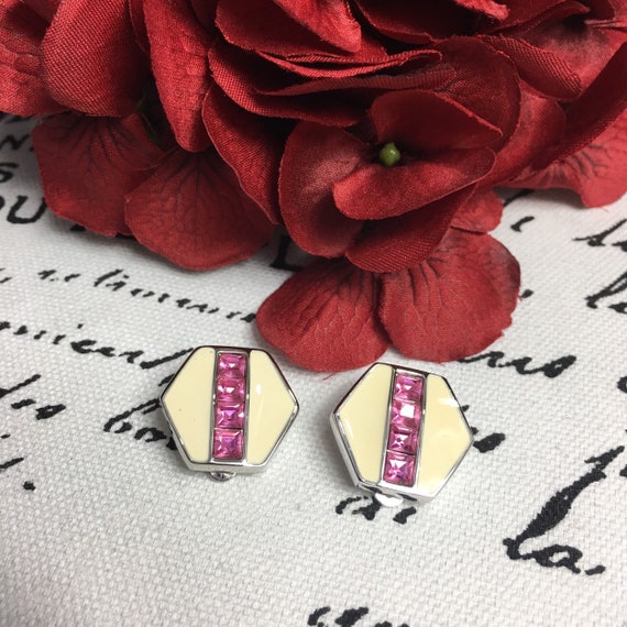 Vintage Pink Swarovski & Enamel Clip-on Earrings - image 2