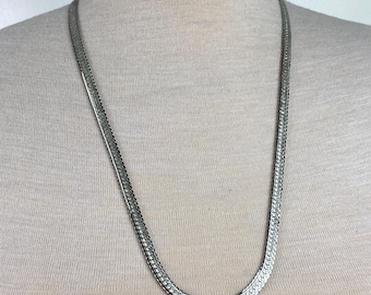 Vintage 30” Necklace Silver Toned Textured Herringbone Chain Thick S