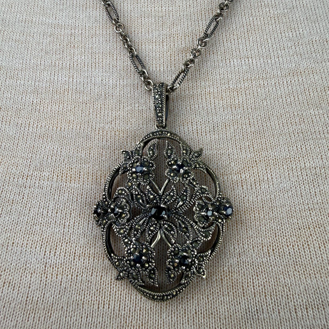 Art Deco Style Sterling Silver Marcasite & Black Stone Pendant Necklace ...