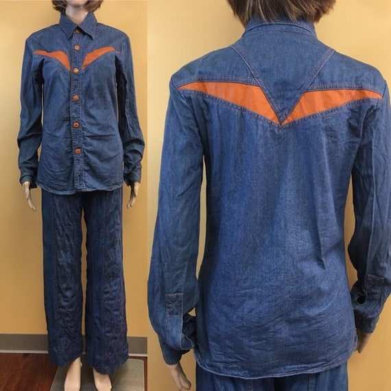 Vintage 70's Faded Glory Denim and Orange Faux Lea