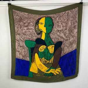 Vintage Pablo Picasso Abstract Woman Scarf Shades of Green & Yellow 33.5&quot; X 34.5&quot;