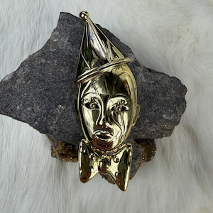 Vintage Gold Tone Harlequin Pierrot Pagliacci Opera Clown Brooch Sad Clown