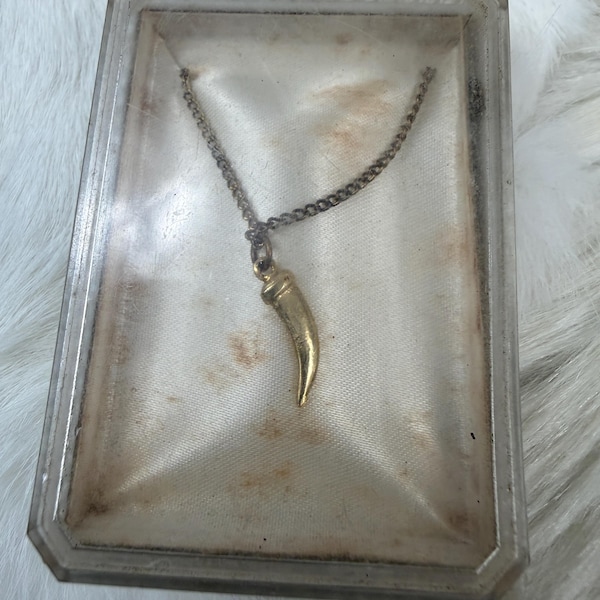 Vintage 60s Gold Tone Italian Horn Pendant Dainty Necklace 16" In case