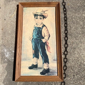 Vintage 60s Medeiros Farmer Boy Framed Litho Big Eye Freckles Overalls