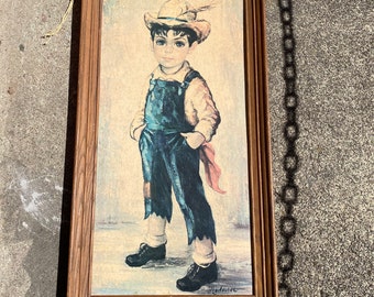 Vintage 60s Medeiros Farmer Boy Framed Litho Big Eye Freckles Overalls