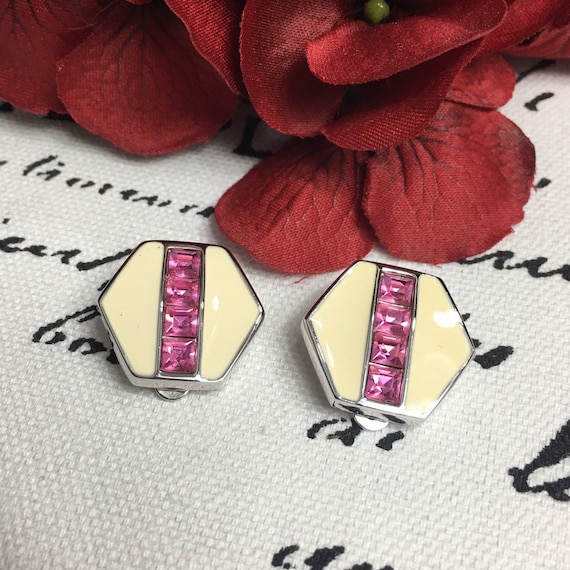 Vintage Pink Swarovski & Enamel Clip-on Earrings - image 1