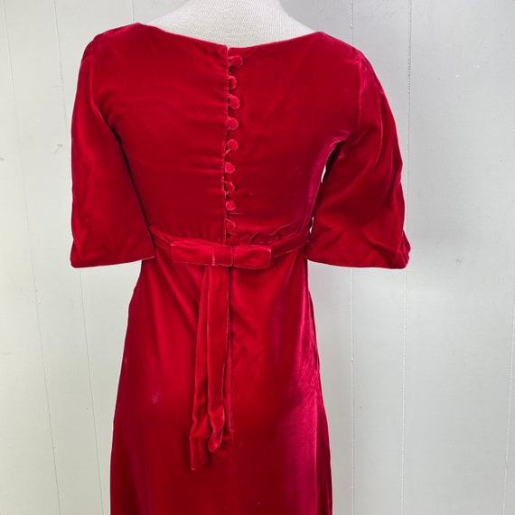 Vintage Red Velvet Gown Dress Bow & Button Down B… - image 5