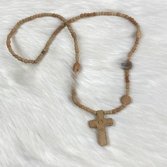 Vintage Clay Bead Cross Necklace 23" - image 3