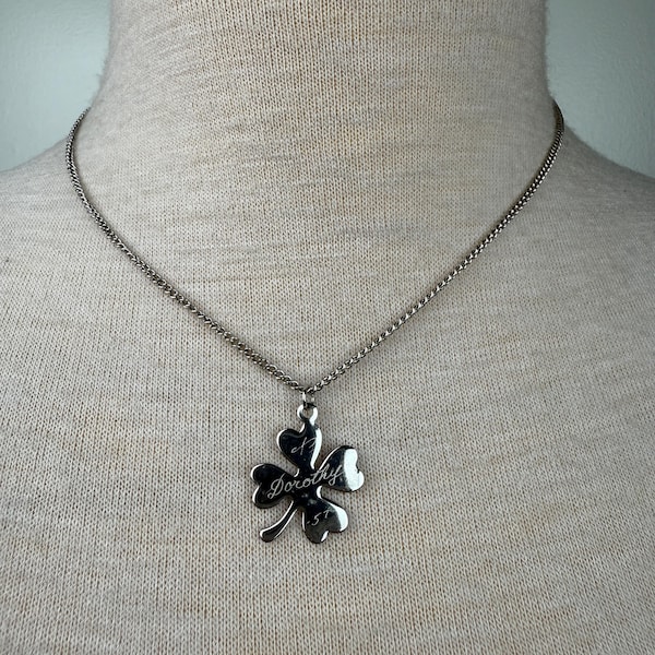 Vintage Silver Tone 1957 Engraved Dorothy Clover Pendant Necklace