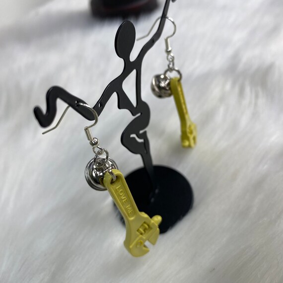 Vintage 80s Plastic Bell Charm Yellow Wrench Earr… - image 2