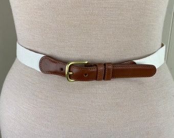Vintage COACH Sz 38 Natural LINEN Belt Brown Leather and Brass Buckle