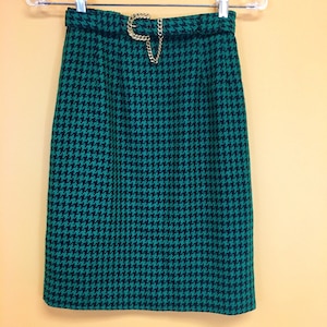 Vintage 80&#39;s Ann Taylor Green & Black Houndstooth Belted Pencil Skirt Size 2