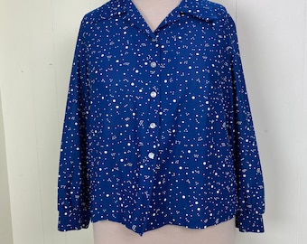 Vintage 70s Polyester Royal Blue & White Polka Dot Button Down Shirt