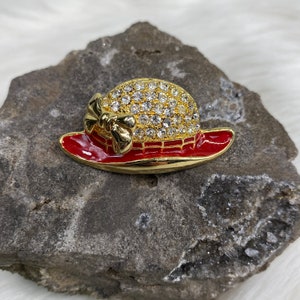 Vintage Red Enamel & Rhinestone Gold Tone Hat Brooch 1&quot; X 1.75&quot; Red Hat Society