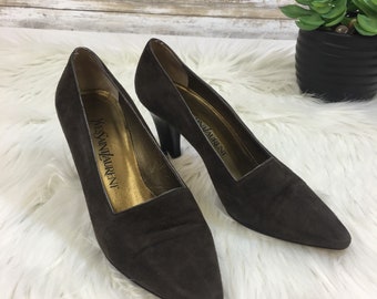Vintage Yves Saint Laurent Women's Brown Pointed Toe Stacked Heel Pumps 6M