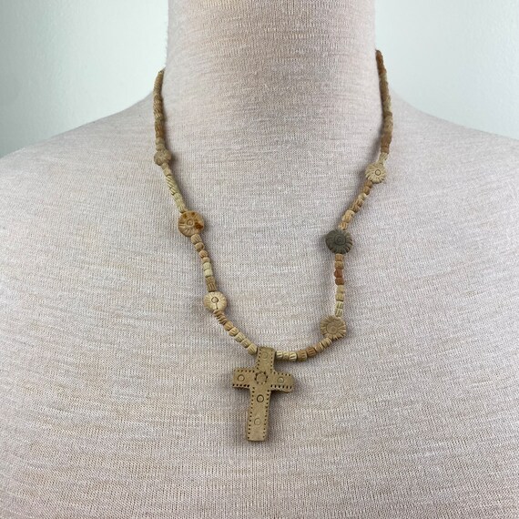 Vintage Clay Bead Cross Necklace 23" - image 1