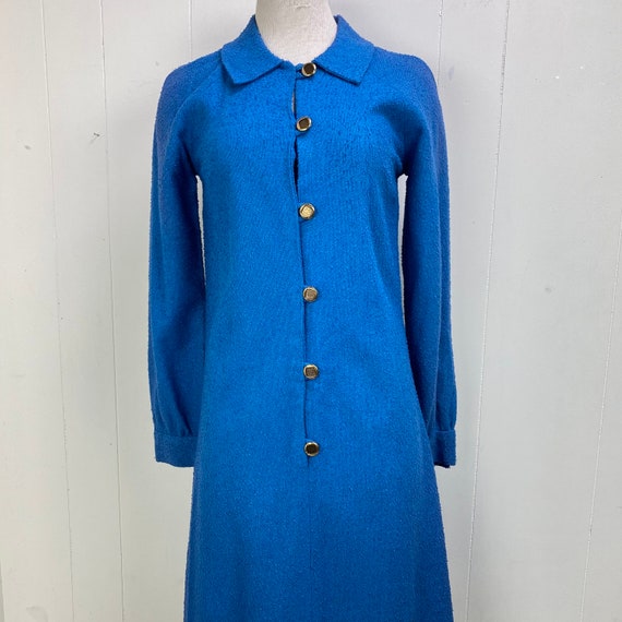 Vintage Blue Woven Fabric Button Down Dress c. 40… - image 1