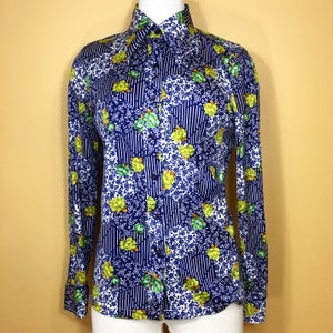 Vintage Lucky Pierre Striped & Flower Rose Button Down Medium Retro 70&#39;s Blouse