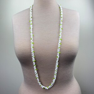 Vintage White Tulip & Green Leaf Beaded Necklace 46"