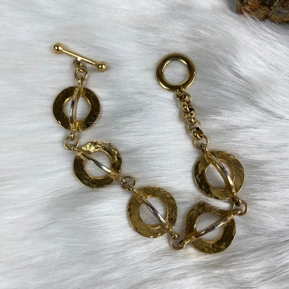 Dimensional Gold Tone Disc Link Bracelet Toggle C… - image 6