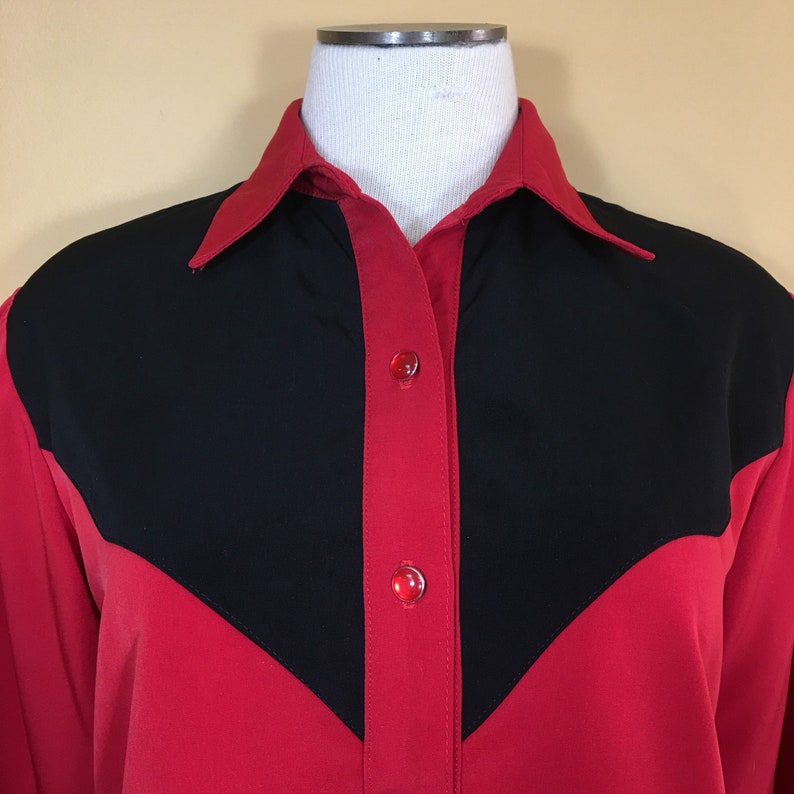 Vintage 70\u2019s Red /& Black Color Block Western Rockabilly Button Down Blouse Shirt Small