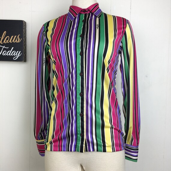 Vintage Wayne Rogers Vertical Stripe Button Up Bl… - image 1