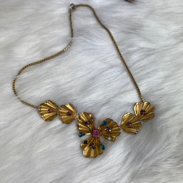 Vintage B.N. "Bugbee & Niles" Gold Tone Floral Bib Necklace Rhinestone 15.5"