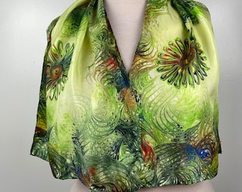 Vintage Burmel Original All Silk Green Abstract Floral Scarf Hand Rolled Japan