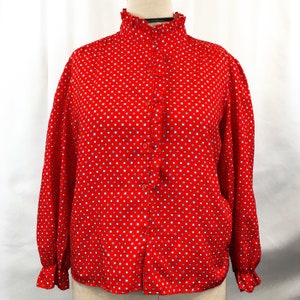 Vintage 70s Red Diamond & Circle Ruffled High Collar Blouse