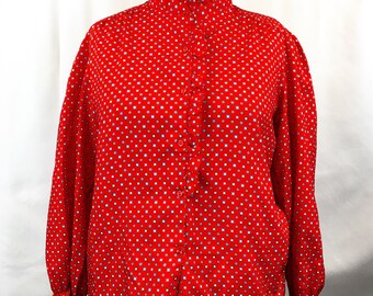 Vintage 70s Red Diamond & Circle Ruffled High Collar Blouse
