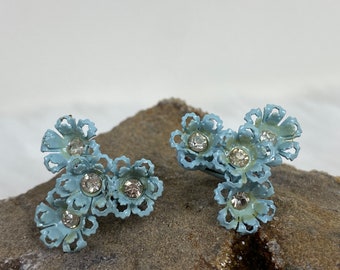 Vintage Light Blue Enamel Figural Flower Rhinestone Clip-on Earrings