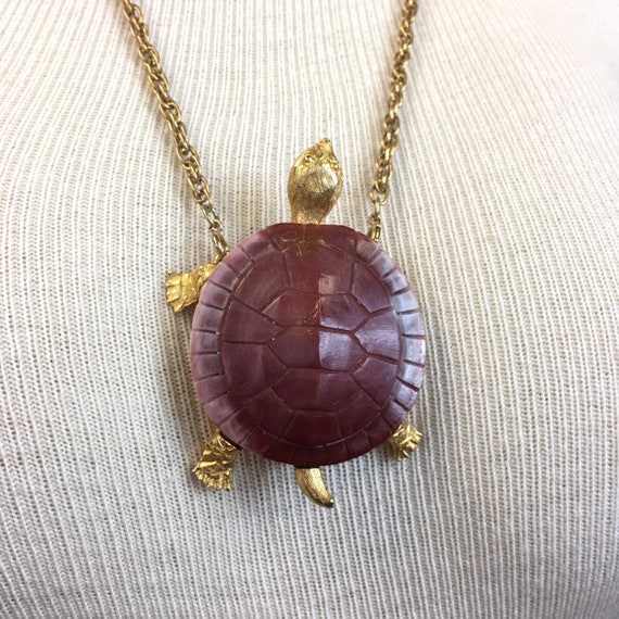 Vintage Signed Celebrity Turtle Pendant with Marb… - image 3