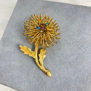 Vintage Gold Tone Wire Wrap & Rhinestone Flower Brooch MCM Mid-Century Modern