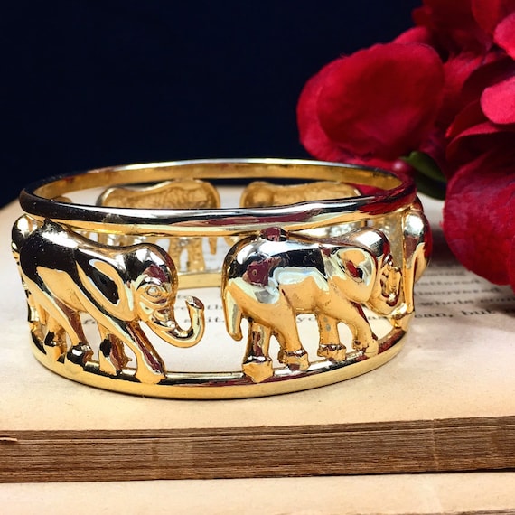 Vintage Gold Tone Cut-Out Elephant Cuff Bracelet - image 1