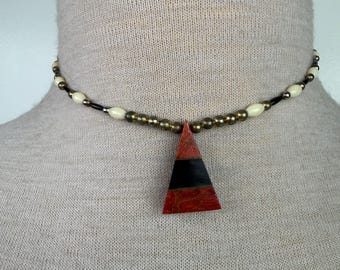 Vintage Coral Inlay Triangle Pendant w/ Brass Beads 15.5"