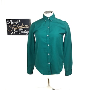 Vintage 70s Pepper Tree Green Button Up Polyester Blouse Size 6 Free Shipping
