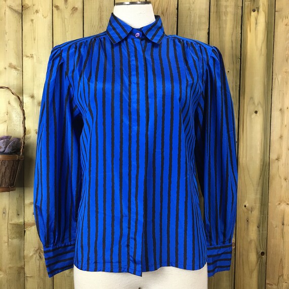 Vintage 90s Josephine Blue & Black Striped Polyes… - image 1