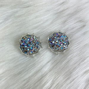 Vintage AB Blue Rhinestone Silver Tone Clip-on Earrings Aurora Borealis MCM