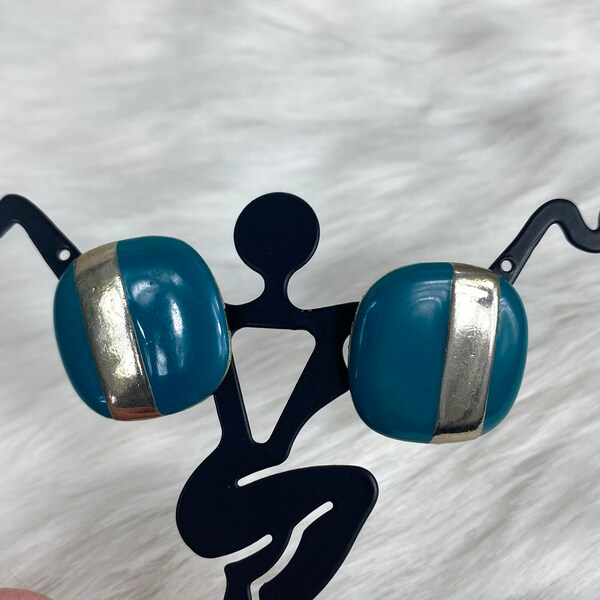 Vintage Teal Enamel & Silver Tone Pierced Earrings