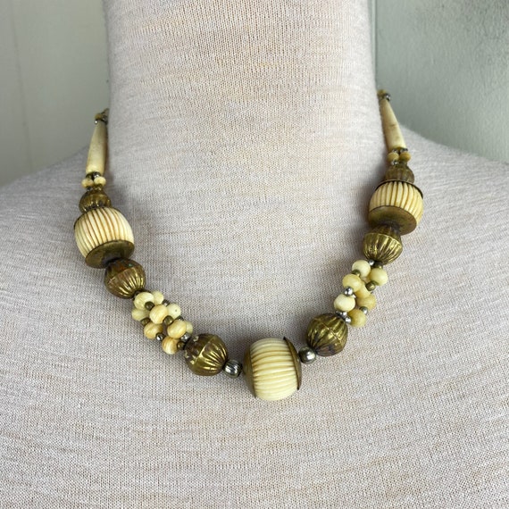 Vintage Carved Ox Bone Brass Beaded Ethnic Tribal N Gem