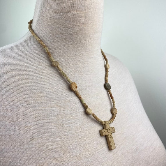 Vintage Clay Bead Cross Necklace 23" - image 2