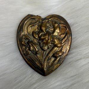Vintage Art Nouveau Revival Flowers Brass Heart Shaped Brooch Pin 1970s