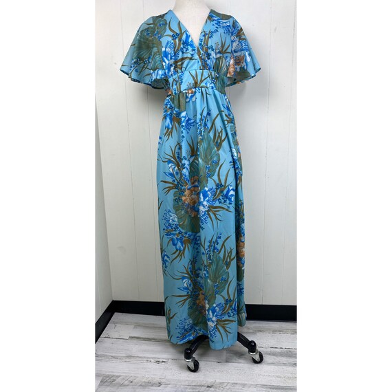 Vintage 70s Blue Floral Flutter Sleeve Dress
