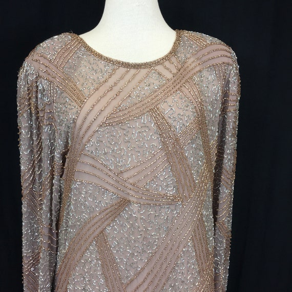 Vintage 80s Oleg Cassini Beaded Nude Silk Dress A… - image 2